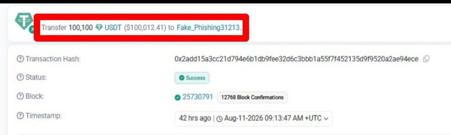 A screenshot of a cryptocurrency transaction showing a transfer of 100,100 USDT ($100,012.41) to an address containing the text 'Fake_Phishing31213', highlighted with a red box, with a status of 'Success'.