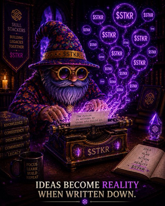 A wizard character wearing round glasses and a floral hat types on a typewriter as purple glowing orbs with the text '$STKR' float upward, with books labeled 'KNOWLEDGE', 'CONSISTENCY', and 'DISCIPLINE' nearby, and the caption 'IDEAS BECOME REALITY WHEN WRITTEN DOWN.'