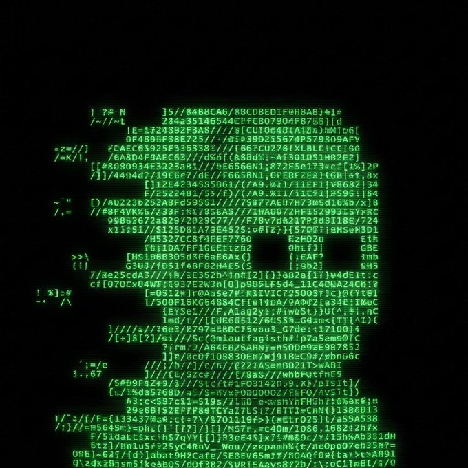 A black screen displaying green ASCII art or code in the shape of a skull or abstract pattern.