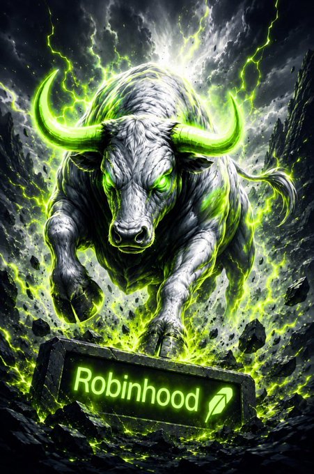 A charging bull with glowing neon green horns and eyes bursts through a dark, stormy landscape, smashing a stone block displaying the illuminated "Robinhood" logo, suggesting powerful market momentum is on the horizon for the stock.