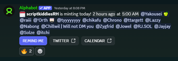A Discord notification from Alphabot announces that "scriptkiddiesRH" is minting today at 5:00 AM, tagging multiple collaborators including @__nabongggg, @ChillWil31, @jayjay, @notitchi, and @rjsol, who are thanked in the post for securing spots ahead of a significant price increase from $1 to $100.