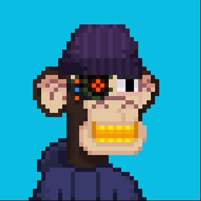 A pixel art portrait of a monkey wearing a purple beanie and hooded jacket, featuring a cybernetic eye piece and gold grill on its teeth, set against a cyan background.