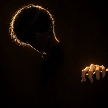 A dark, silhouetted illustration of a person with shaggy hair looking downward, with their hand slightly raised, illuminated by warm golden light against a black background.
