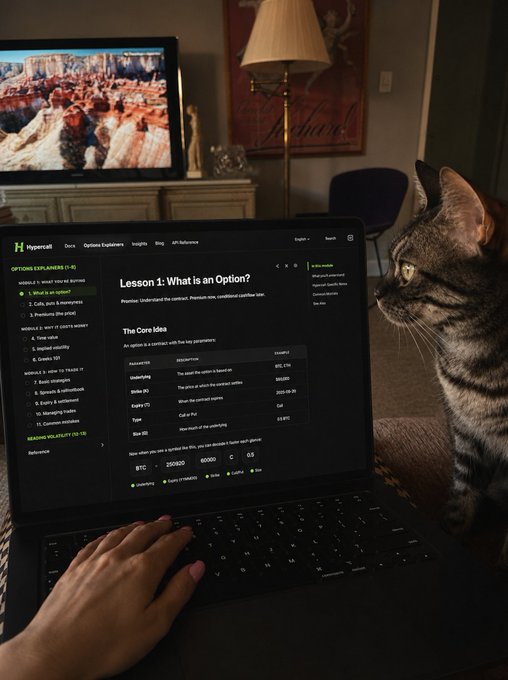 A cat watches a laptop screen displaying Hyperliquid's "Options Explained" course, specifically Lesson 1: "What is an Option?" featuring a Core Idea table about Put options.