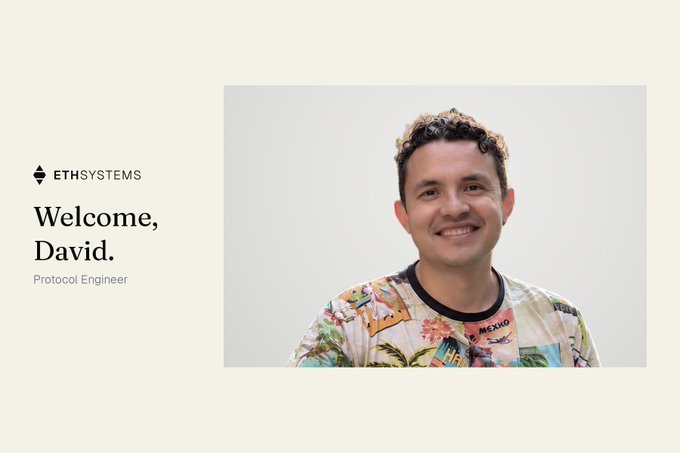 A welcome graphic for 'David,' a 'Protocol Engineer' at 'ETHSYSTEMS,' featuring a photo of a smiling man in a floral shirt wearing a crown.