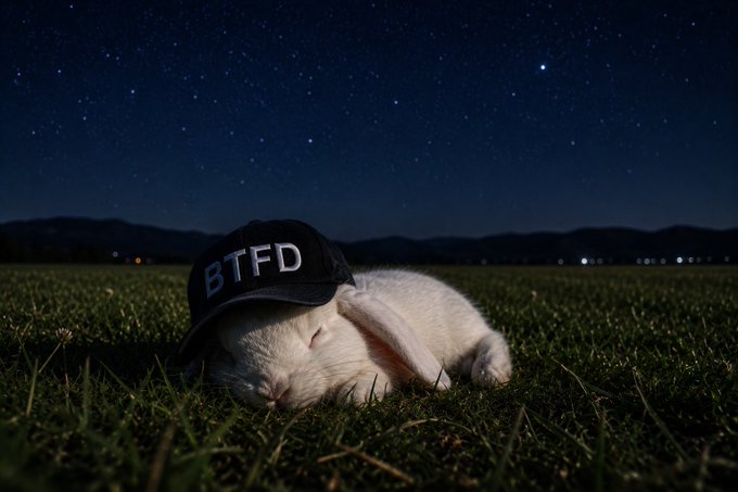 A white rabbit sleeping in grass at night under a starry sky, wearing a black cap with 'BTFD' written on it.