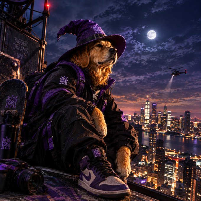 A digital artwork/AI-generated image of a golden retriever wearing a purple witch hat, black and purple 'M' branded streetwear and sneakers, sitting on a rooftop overlooking a city skyline at night with a moon and helicopter.
