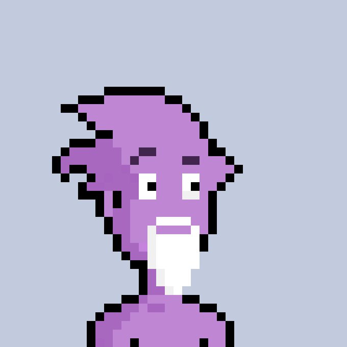 Pixel art portrait of a purple character with curly hair and a white goatee/beard on a gray background.