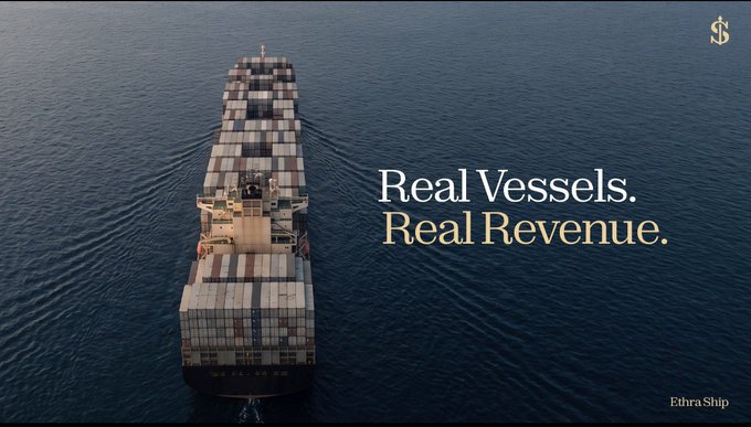 An aerial view of a large container ship at sea accompanies the text 'Real Vessels. Real Revenue.' along with 'Ethra Ship' and a dollar sign logo.