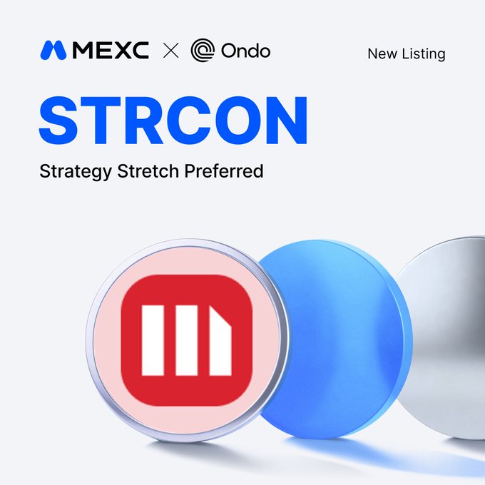 A promotional graphic from MEXC announcing the new listing of Ondo's tokenized stock "STRCON" (Strategy Stretch Preferred), featuring 3D-rendered coin tokens alongside the MEXC and Ondo logos, with details noting the STRCON/USDT spot trading pair launch scheduled for June 30, 2026 at 14:00 UTC.