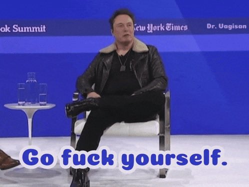 The image shows Elon Musk seated at the New York Times "DealBook Summit," wearing a black leather jacket with a shearling collar, with the caption "Go fuck yourself." overlaid in bold blue text. The post's reference to "Elon told me to send you this" humorously frames the blunt message as a direct quote from Musk himself, playing on his reputation for blunt public statements.