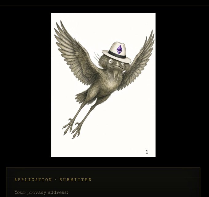 An illustration of a bird wearing a fedora hat with an Ethereum logo on it, with text below indicating 'APPLICATION - SUBMITTED' and 'Your privacy address:'.