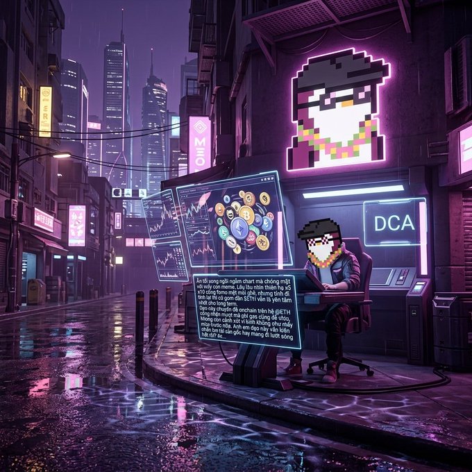 A cyberpunk-style digital artwork of a city street at night, featuring a pixelated character with sunglasses at a workstation labeled 'DCA', with floating cryptocurrency-themed screens and a Vietnamese text overlay.
