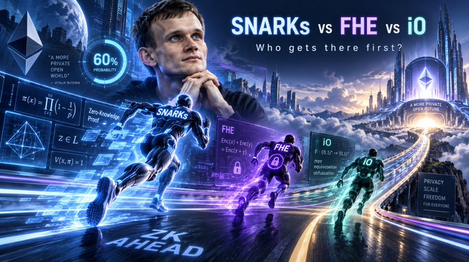 A digital illustration titled 'SNARKs vs FHE vs iO - Who gets there first?' depicts a man watching three runners race down a futuristic road, with text noting 'A MORE PRIVATE OPEN WORLD 60% PROBABILITY' and 'A MORE PRIVATE DATA FUTURE'.