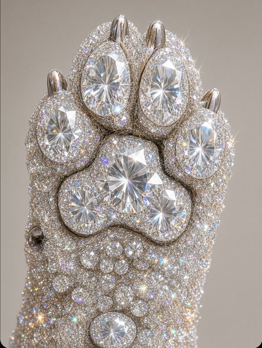 A close-up of a decorative paw-shaped object covered in sparkling clear crystals and rhinestones.