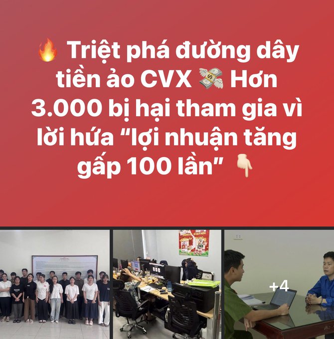 A Vietnamese news graphic about a police raid on cryptocurrency fraud CVX, with text mentioning over 3,000 victims promised 100x returns, alongside photos of suspects and confiscated equipment.