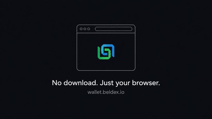 Promotional graphic for wallet.beldex.io featuring a stylized browser window icon with a green and blue logo, with tagline 'No download. Just your browser.' on a dark background.