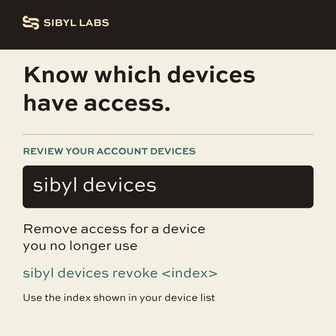 An informational graphic from SIBYL LABS titled 'Know which devices have access.' It provides instructions to 'REVIEW YOUR ACCOUNT DEVICES' using the command 'sibyl devices', and explains how to 'Remove access for a device you no longer use' using 'sibyl devices revoke <index>'.