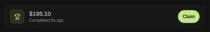 A notification interface displays a payout of **$195.10** that was "Completed 8s ago," with a green "Claim" button, illustrating the Accumulator payout claimed by @0xDontol as mentioned in the post.