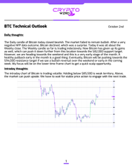 Slide titled 'BTC Technical Outlook' dated October 2nd, discussing the Daily Roulette of Bitcoin and predicting price movements between $110,000 and $120,000.