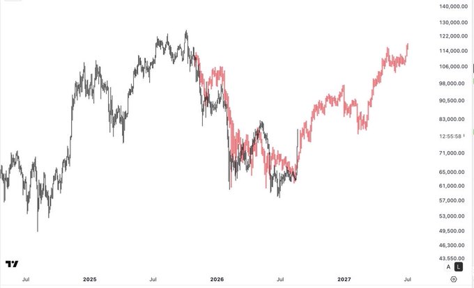 The image shows a TradingView chart tracking an asset's price from mid-2024 through mid-2027, with the asset highlighted in red/pink from around early 2026 onward, climbing from roughly $80,000 to over $114,000 (current price marked as 12:55:58 at $114,000 area), reaching all-time highs near $130,000. The post's reference to a "2021 takeout $BTC" draws a parallel between the current breakout pattern and Bitcoin's 2021 breakout, suggesting the highlighted uptrend mirrors a similar bullish continuation structure where resistance was decisively overcome.