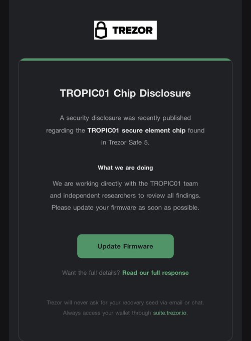 This is a screenshot of an email that has been sent by Trezor, which appears to be a security release notice regarding Trozor Safe. The message is displayed as a black email with white text. It seems to contain a summary of the update being released, but it doesn't provide detailed instructions on how to download and install the updates. 

The email includes a call to action that reads " Update ASAP trezor safe @Trezor", suggesting that users should act quickly to access the security patch provided by Trezor. There is also an attachment to the email, possibly containing additional instructions or relevant information about the update.