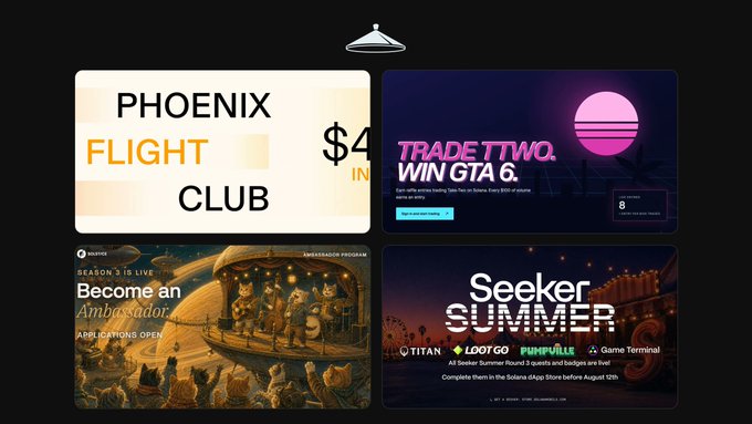 A promotional graphic showcasing four Solana ecosystem campaigns: Phoenix Flight Club's $4,000 rewards, a Take-Two ($TTWO) trading giveaway with 25 GTA 6 codes, the Solana Foundation's Ambassador Program (Season 3), and Seeker Summer offering Game Terminal and Titan prizes—all running through August.