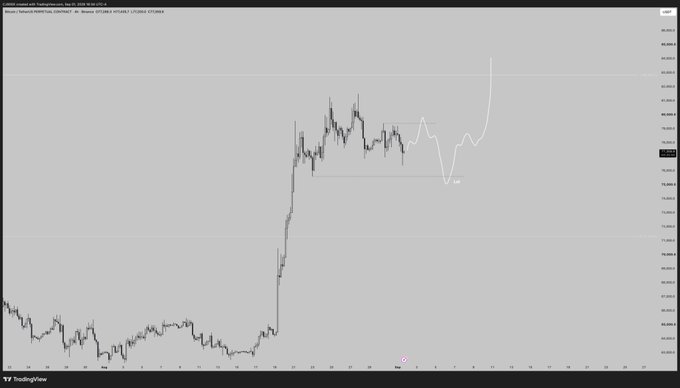 A TradingView chart of Bitcoin's price action shows a sharp rally from late summer lows through the August 2024 timeframe, with a white projection line extending upward past the $100,000 level, illustrating the optimistic "$BTC" price target referenced in the post.