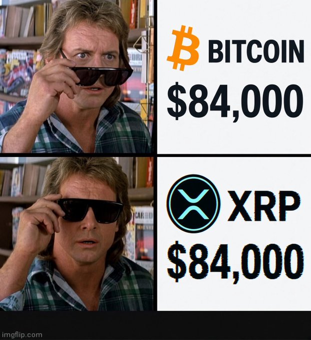 A meme in the "They Don't Know" format shows a man lifting his sunglasses to reveal the "truth" in the second panel, where Bitcoin is shown at $84,000 in the top panel, but XRP is also labeled $84,000 in the bottom—implying XRP's true value is vastly underestimated and just as high as Bitcoin's. The watermark "imgflip.com" appears at the bottom.