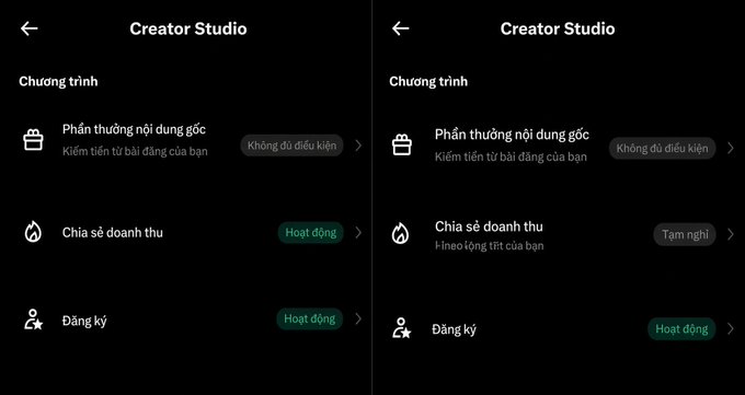 Two side-by-side Creator Studio screens in Vietnamese, showing 'Phần thường nội dung gốc' (not enough data) and toggles for revenue sharing and registration features.