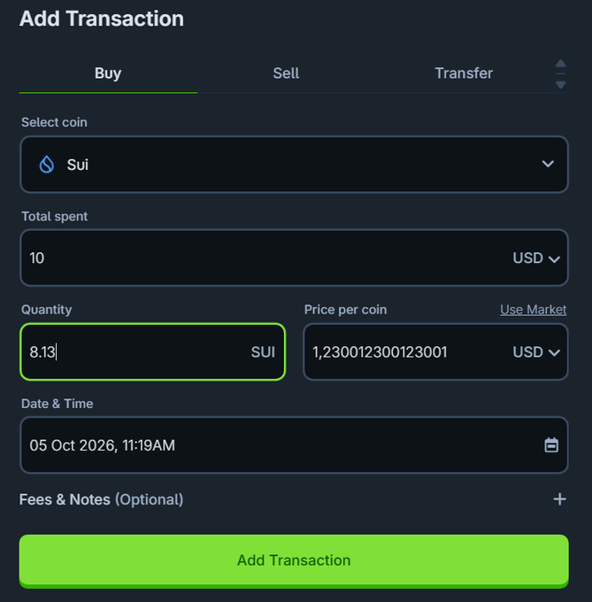 Screenshot of a cryptocurrency app's 'Add Transaction' form showing a Buy order for Sui coin, with 10 USD spent, 8.13 SUI quantity at price 1.230012300123001 USD, dated 05 Oct 2026.