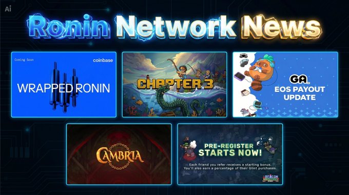 The image features a poster with five different video game logos, including "Ronin Network News", "Coinsbase", "Chapter 3", "EOS Payout Update", and "Season 1 for @FishingFrenzyCo". The poster is displayed on a dark background, making the logos stand out. The text at the bottom of the image reads: "NEW VIDEO ITS LIVE! Weekly Update on @Ronin_Network  •RON on Coinbase  •CHAPTER 3 for @FishingFrenzyCo  •END OF SEASON FOR @Moku_HQ".