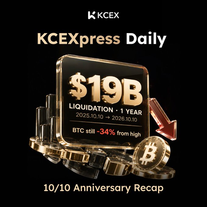 A sleek black-and-gold KCEXpress Daily graphic marks the 10/10 crypto crash anniversary, highlighting the "$19B Liquidation · 1 YEAR" event (2025.10.10 → 2026.10.10) with a large downward red arrow and Bitcoin coin imagery, while noting that "BTC still -34% from high" — visually reinforcing the post's recap of the historic $19B wipeout and BTC's decline from ~$122K to ~$82K–$83K.