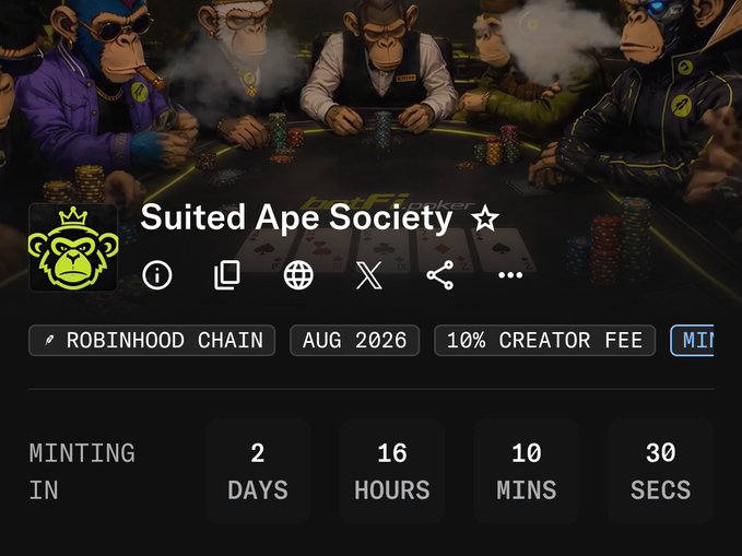 The image shows an NFT minting page for "Suited Ape Society" on the Robinhood Chain, with a 10% creator fee and a countdown timer of 2 days, 16 hours, 10 minutes, and 30 seconds remaining. It relates to the post by highlighting @thesuitedapes as one of the upcoming NFT drops on Robinhood Chain, set to mint in early September.