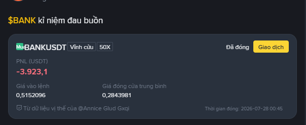 A trading interface screenshot in Vietnamese showing a $BANK token transaction with text '$BANK kỉ niệm đau buồn' (memorial of sorrow), displaying a loss of -3,923.1 PNL (USDT) with a market price of 0.5152096 and average price of 0.2843981, dated 2026-07-28.