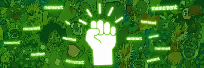 A green-themed graphic featuring a white raised fist in the center surrounded by glowing 'memement' text labels and various cartoon character illustrations in the background.