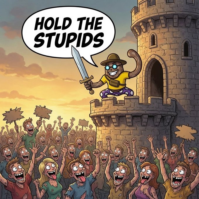 A cartoon character on a castle tower holds a sword and shouts 'HOLD THE STUPIDS' at a cheering crowd below carrying signs at sunset.