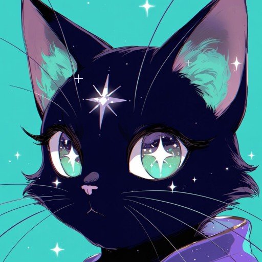 A digital illustration of a black cat with large, sparkling teal eyes featuring star shapes, set against a bright turquoise background with decorative starbursts.