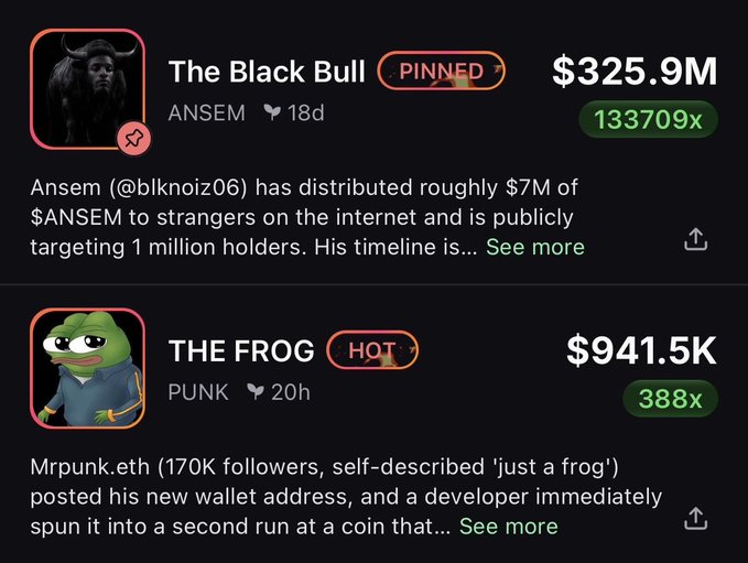 The image shows a crypto tracking app displaying two trending tokens: "The Black Bull" ($ANSEM) with a market cap of $325.9M and a 133,709x gain, and "THE FROG" ($PUNK) at $941.5K with a 388x gain. The "PINNED" and "HOT" tags on the tokens visually reinforce the post's claim that things are heating up on pumpfun.
