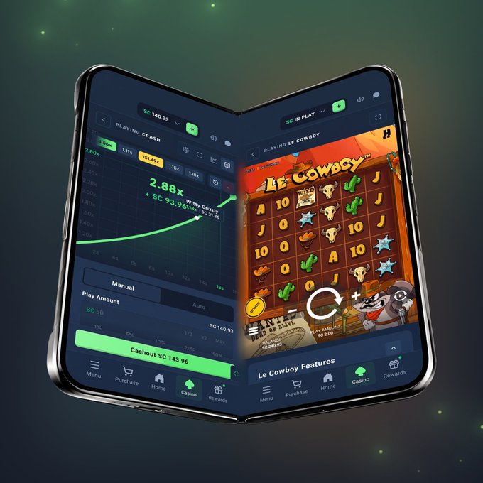 A foldable smartphone displaying a gambling or gaming app with two screens visible—one showing a 'Witty Crash' multiplier graph at '2.88x' and the other showing a 'Le Cowboy' slot game interface.