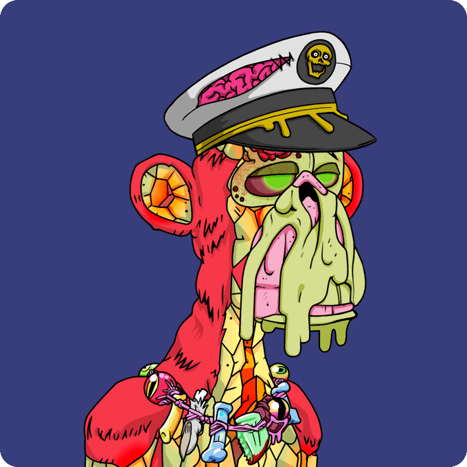 A colorful, grotesque cartoon illustration of a zombie-like monkey wearing a captain's hat with an exposed brain, signed 'Wuulin' against a purple background.