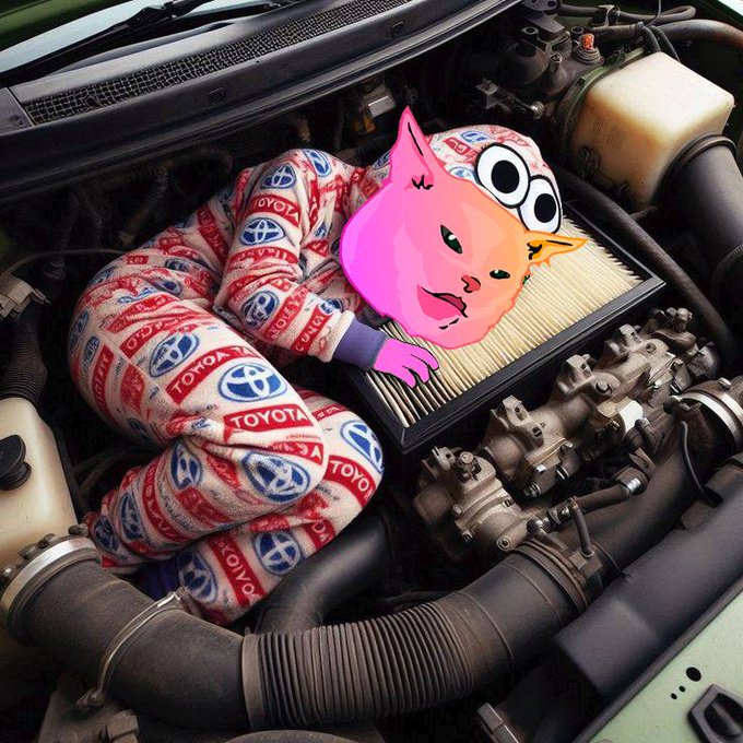 An AI-edited image showing a pink cartoon face with googly eyes lying on an air filter in a Toyota engine bay, with a cloth covered in Toyota logos draped over the engine components.