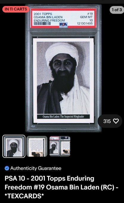 A mobile shopping listing for a PSA 10 graded '2001 Topps Osama Bin Laden: The Suspected Ringleader' trading card #19 with an authenticity guarantee.