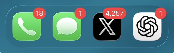 iPhone home screen dock showing app notifications: Phone (18), Messages (1), X (4,257), and ChatGPT (1).