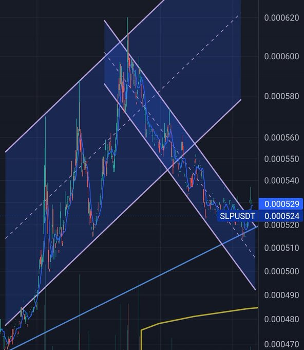 A financial trading chart for SLPUSDT cryptocurrency pair showing a downward price trend with multiple technical analysis trendlines drawn over candlestick patterns, currently priced around 0.000524-0.000529 USDT.