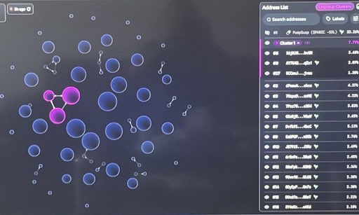 A cryptocurrency analytics dashboard displays a network graph of blue interconnected nodes on the left and an "Address List" on the right showing ranked addresses with percentages, labeled "PuahSnap (CSMIC-SOL)".