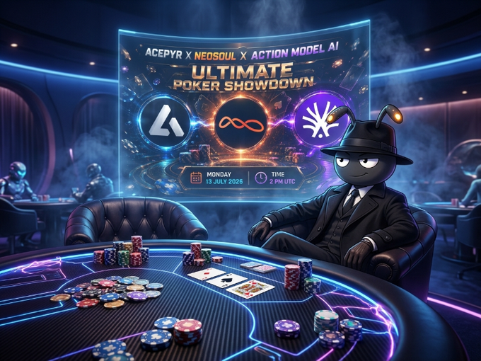 Promotional artwork for the 'ULTIMATE POKER SHOWDOWN' event on Monday, 13 July 2026, at 2 PM UTC, featuring a suited character at a neon-lit poker table with logos for Acepyr, Neosoul, and Action Model AI.