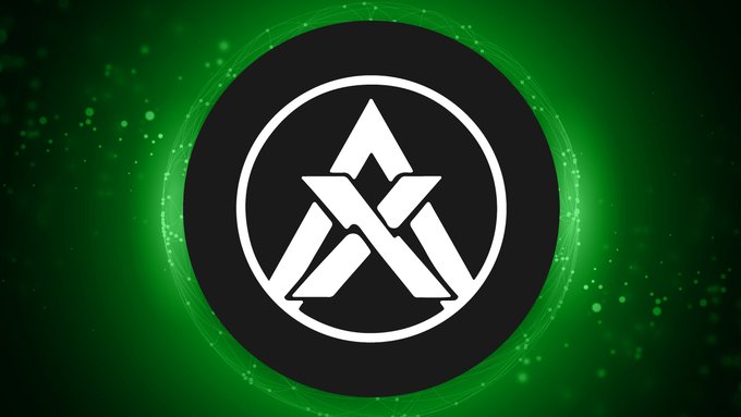 A white stylized mountain/triangle logo inside a black circle is displayed against a glowing green background.