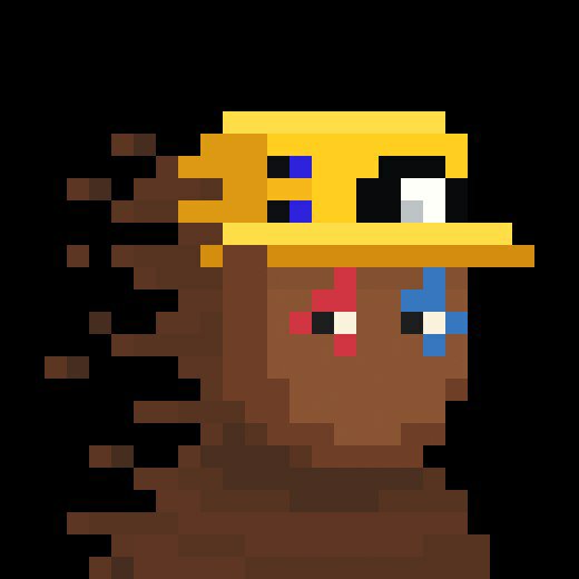 A pixel art illustration of a character with a yellow hard hat, blue visor, and heterochromia (one red, one blue eye), appearing to disintegrate into brown particles on the left side.