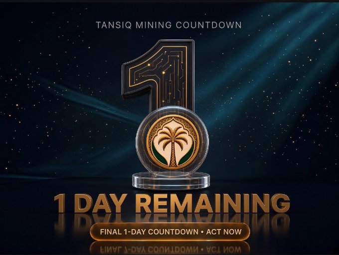 A countdown graphic for "TANSIQ MINING COUNTDOWN" displays a large stylized "1" above a gold coin featuring a palm tree emblem, with the text "1 DAY REMAINING" and "FINAL 1-DAY COUNTDOWN • ACT NOW" set against a starry dark blue background.

The image reinforces the post's urgency by visually emphasizing that only one day remains before the transition from the $TANSIQ mining phase to its presale and TGE.